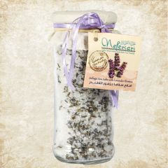 Safaga red sea salt with lavender seeds in a glass jar.
