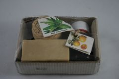 Small Carton box containing a small oil, 1 olive oil soap, & 1 small cream
